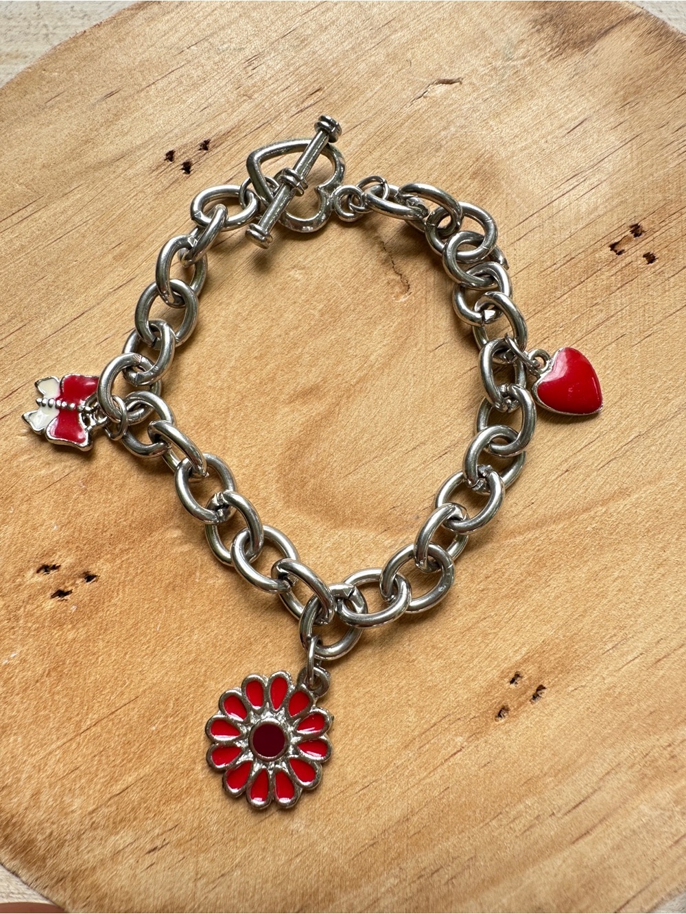 Silver-Tone Red Enamel Flower Charm Silver Bracelet